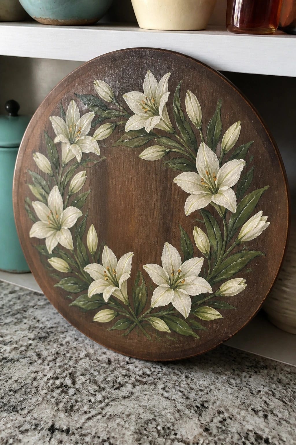 Round wooden plaque painted with white lily wreath and green leaves on counter