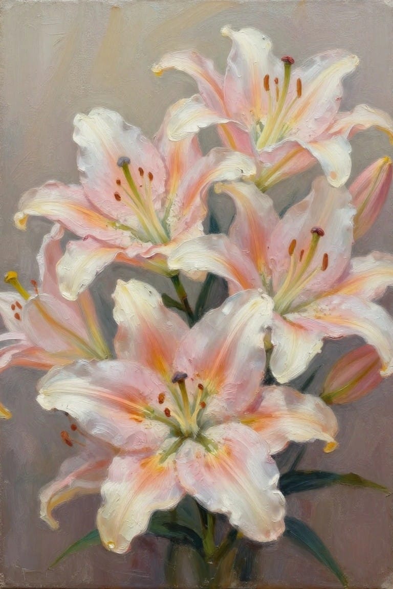 Oil painting of blooming pink and white lilies with orange stamens on muted background