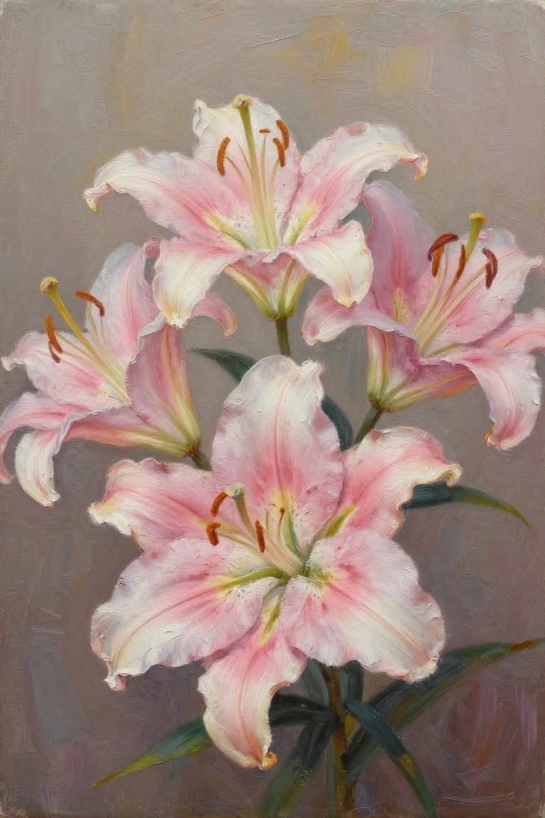 Oil painting of blooming pink and white lilies with orange stamens on gray background