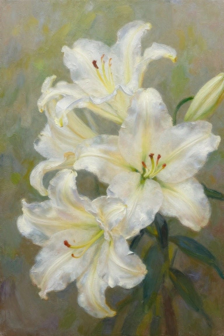 An oil painting of several white lilies with soft blended petals and a muted green-brown background.