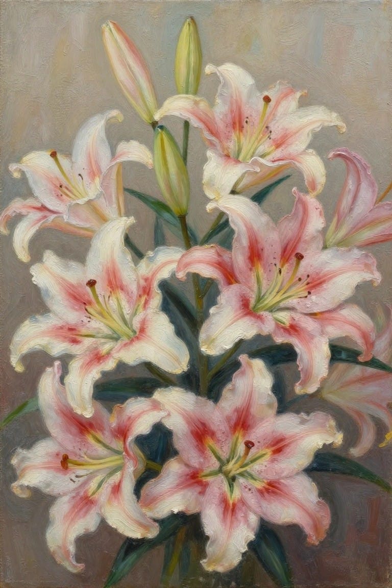 Oil painting of blooming pink and white lilies with green buds and leaves