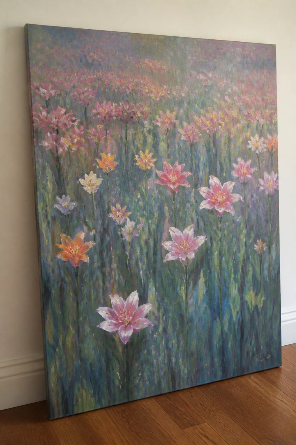 Colorful impressionistic painting of pink, purple, and orange lilies in a field