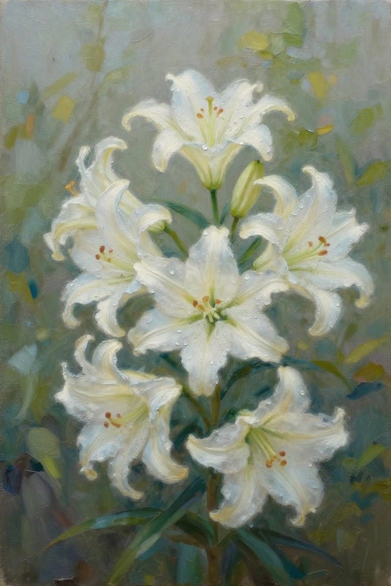White lilies with dew drops bloom against a soft green impressionistic background