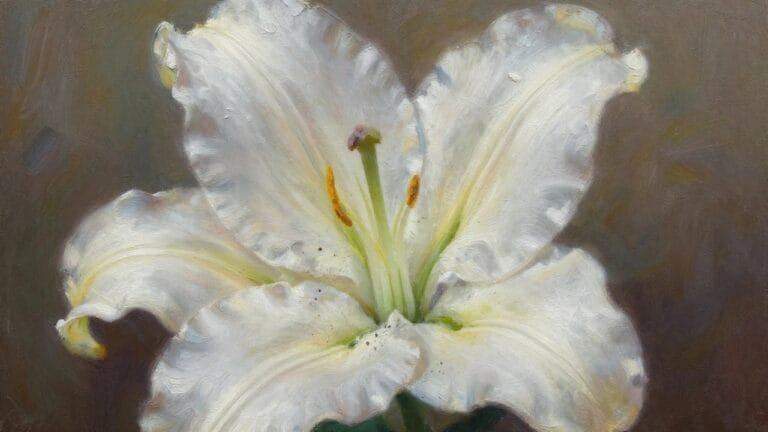 18 Refined Lily Flower Oil Painting Ideas That Highlight Delicate Floral Structure An oil painting of a white lily with open petals, visible stamens, and green leaves against a muted brown background.