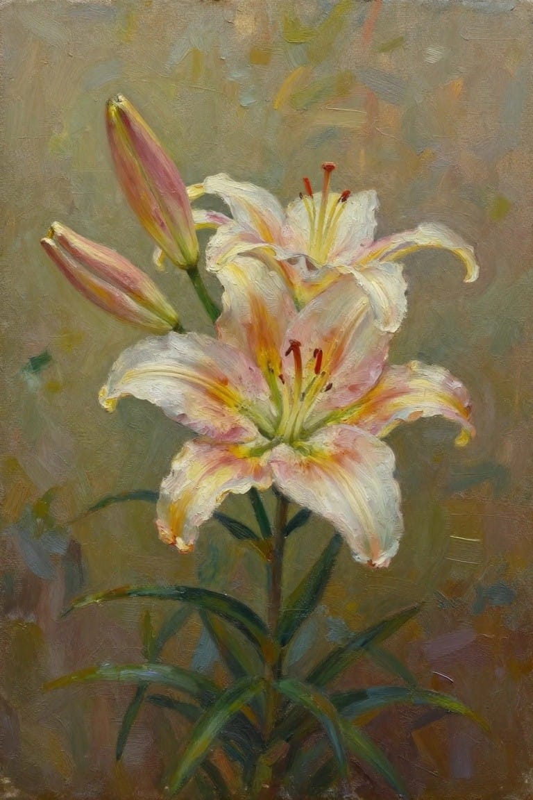 Oil painting of white lilies with pink-yellow hues, red stamens, and green leaves.