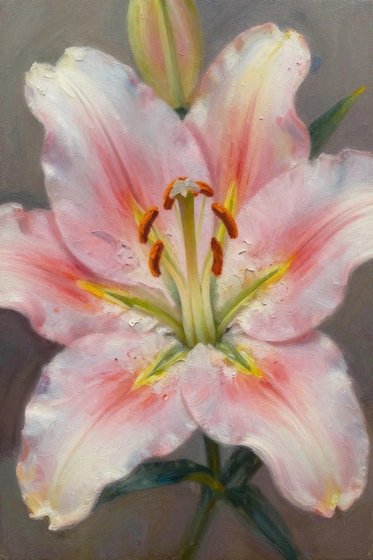 Pink lily bloom with textured petals, orange stamens, and unopened bud in oil painting