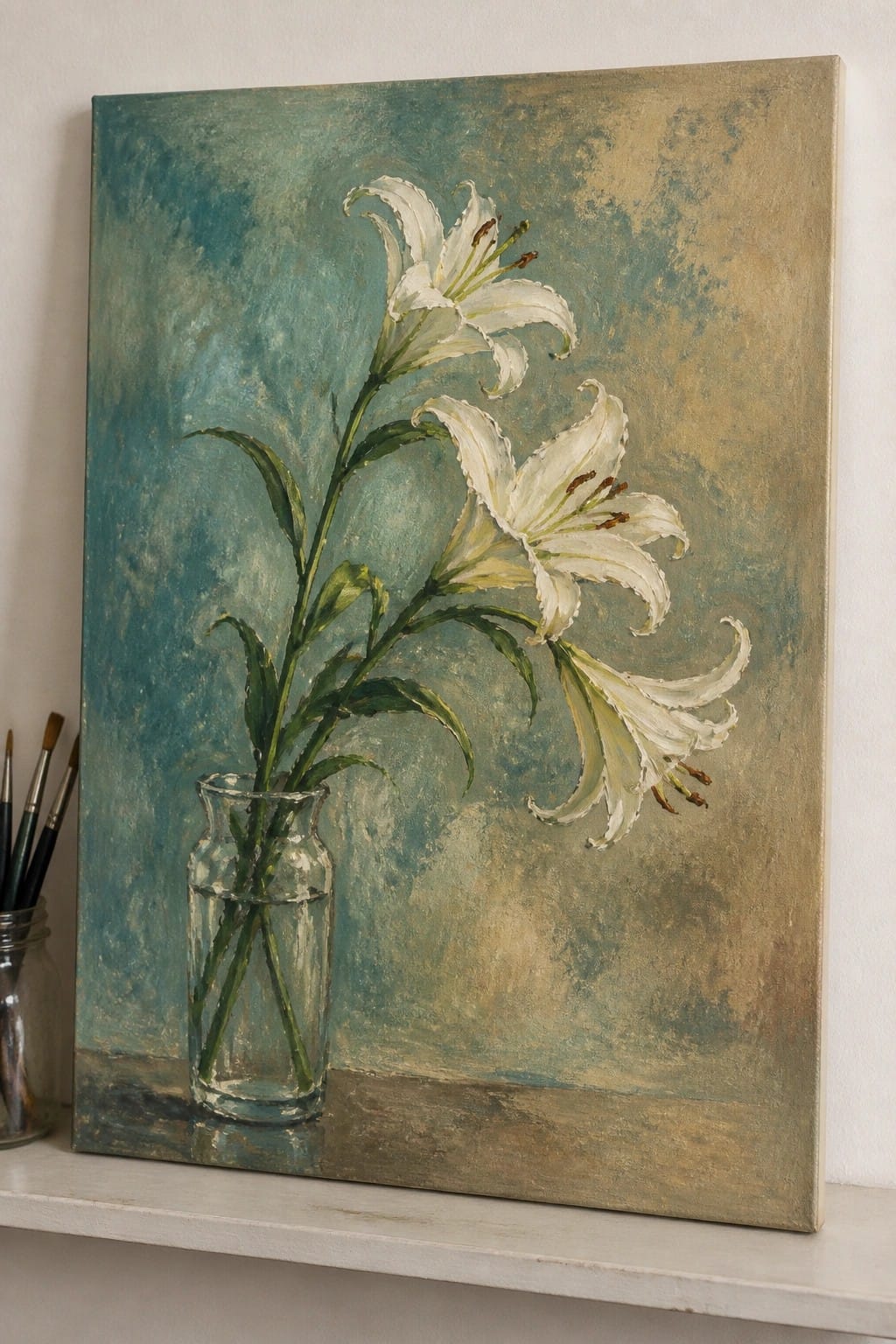 White lilies in a glass vase on a textured teal and beige canvas painting
