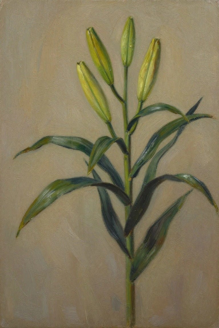 Oil painting of a tall stem with green leaves and yellow-green lily buds.