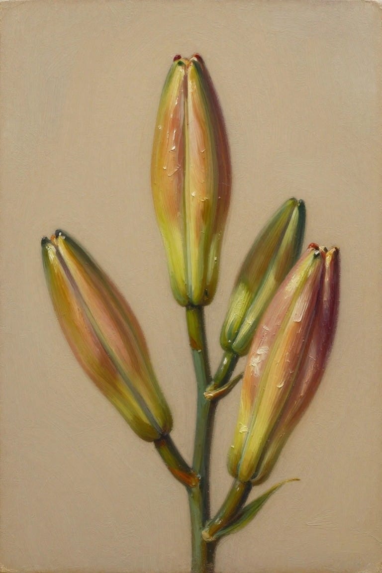 Four colorful lily buds on a green stem against a neutral background.
