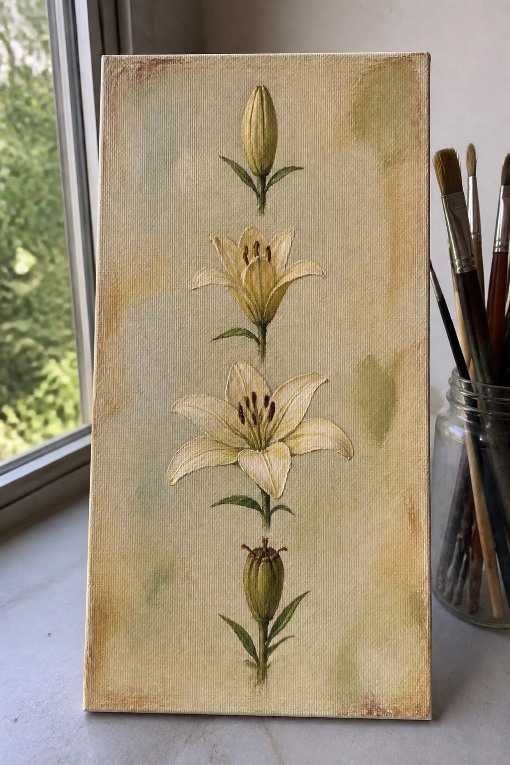 Painting of yellow lilies in bloom stages on textured beige canvas with brushes nearby