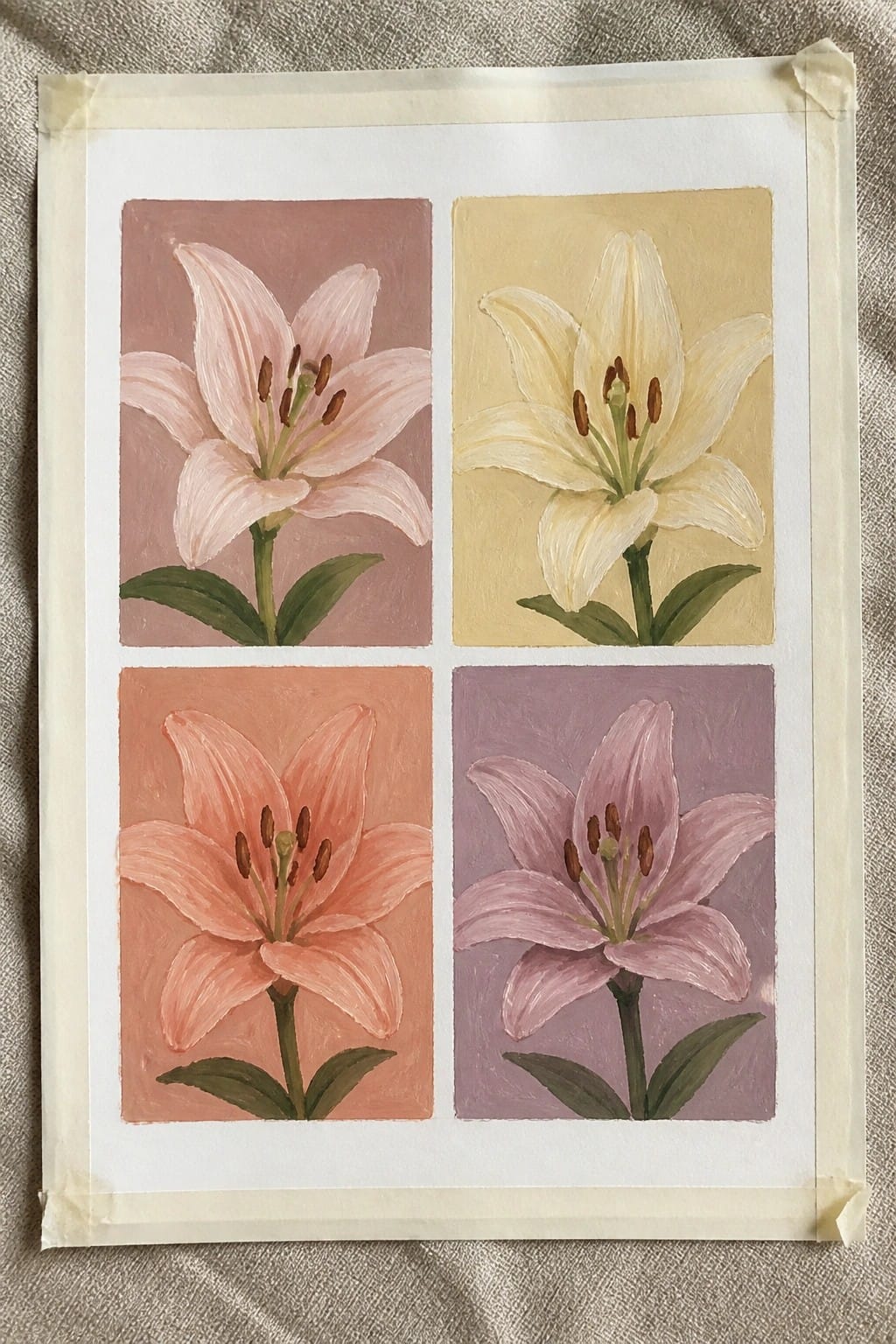 Grid of four lily paintings in pink, white, coral, and purple on pastel backgrounds.