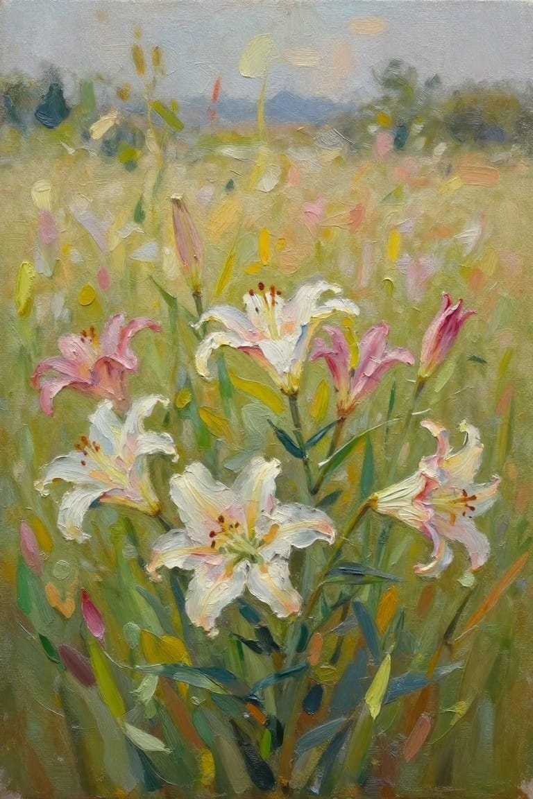 Oil painting of several pink and white lilies growing in a green meadow with soft hills in the distance.