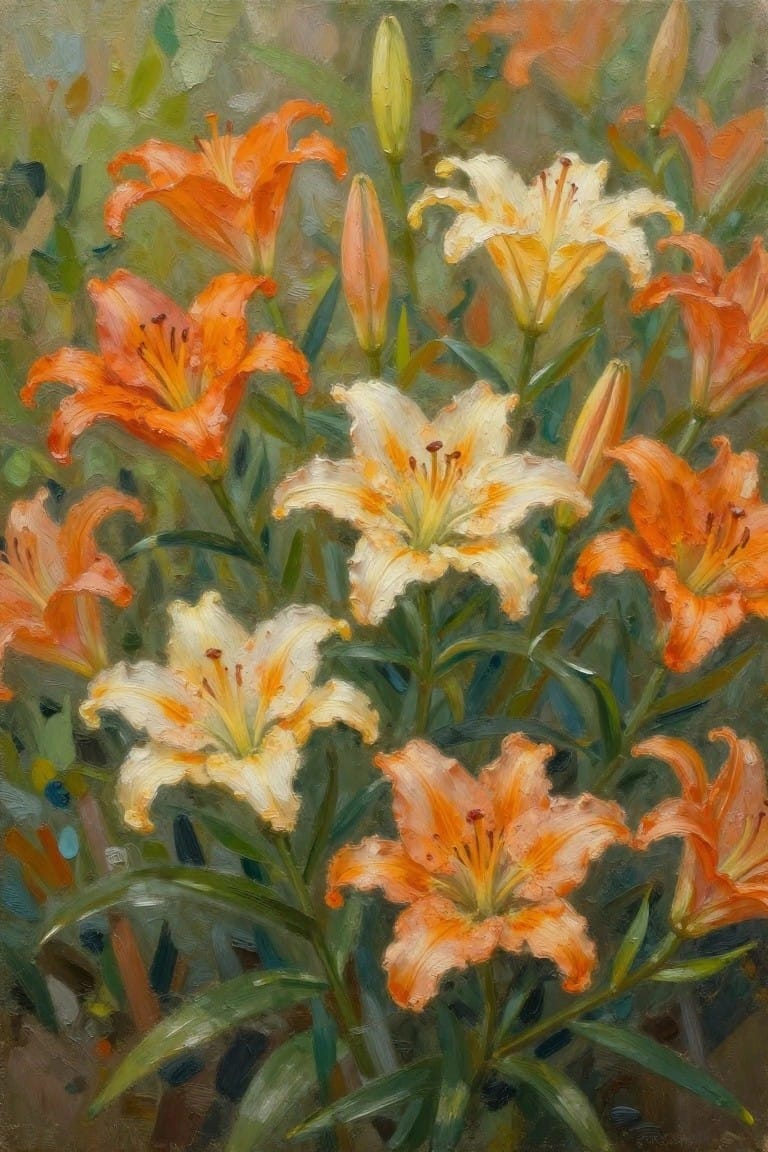 Vibrant orange and white lilies amid lush green leaves in textured oil painting.
