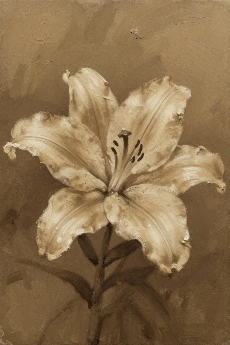 Monochromatic sepia oil painting of an open lily with visible brushstrokes.