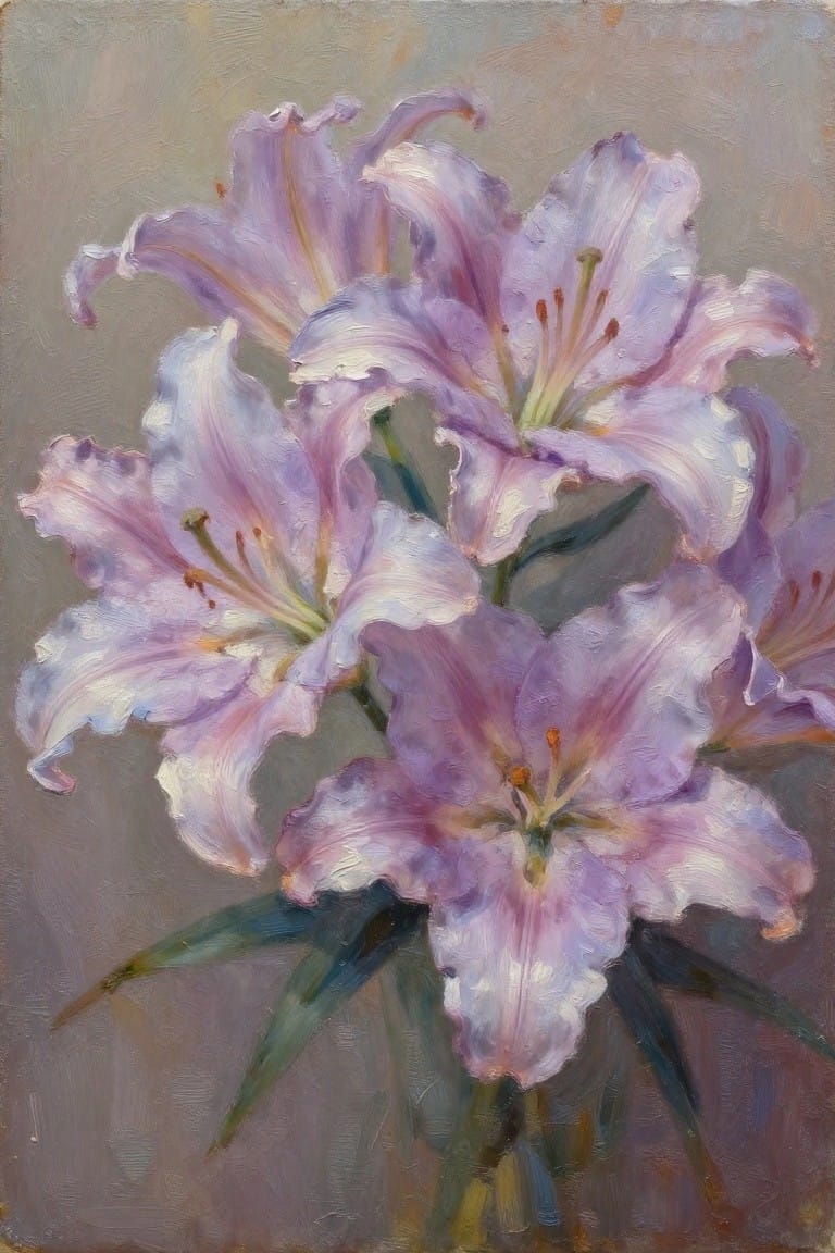 Oil painting of purple and white lilies with green stems and leaves.