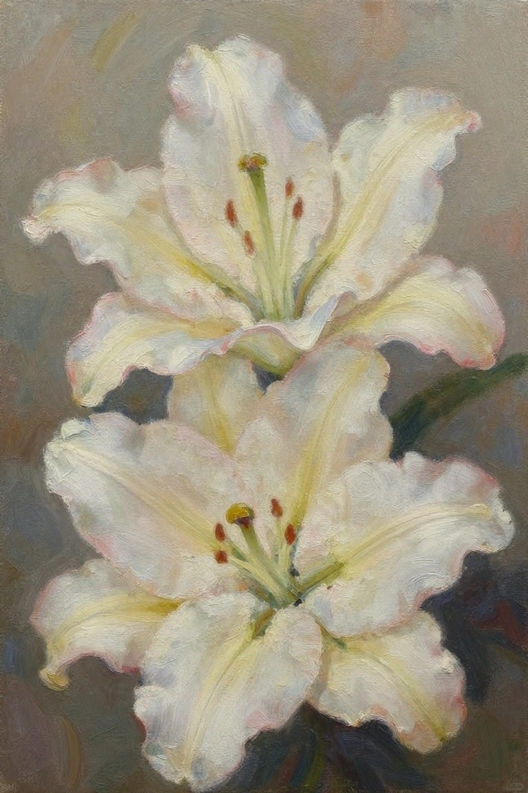Two white lilies with yellow centers in textured impressionistic oil painting.