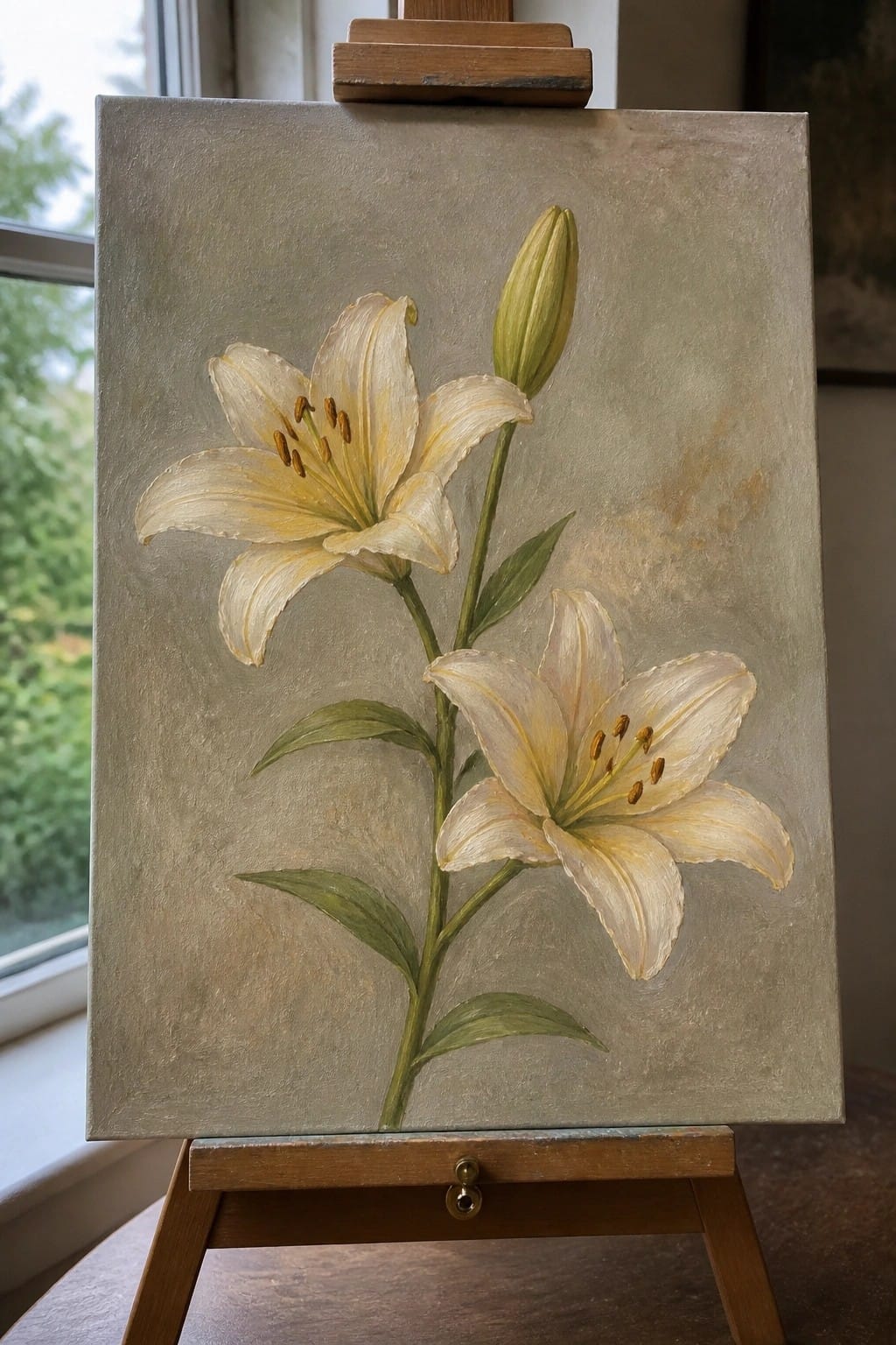 Realistic painting of two white lilies with bud on wooden easel with muted background.