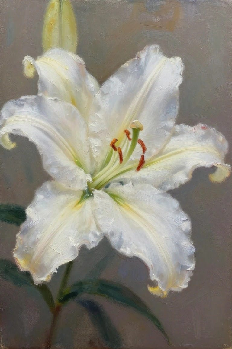 An oil painting of a white lily with open petals, visible stamens, and green leaves against a muted brown background.