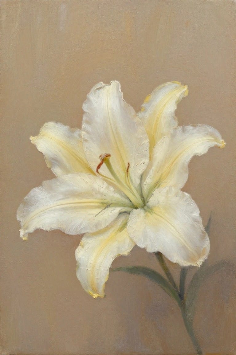 White lily with yellow-tinged petals and stamens in muted oil painting