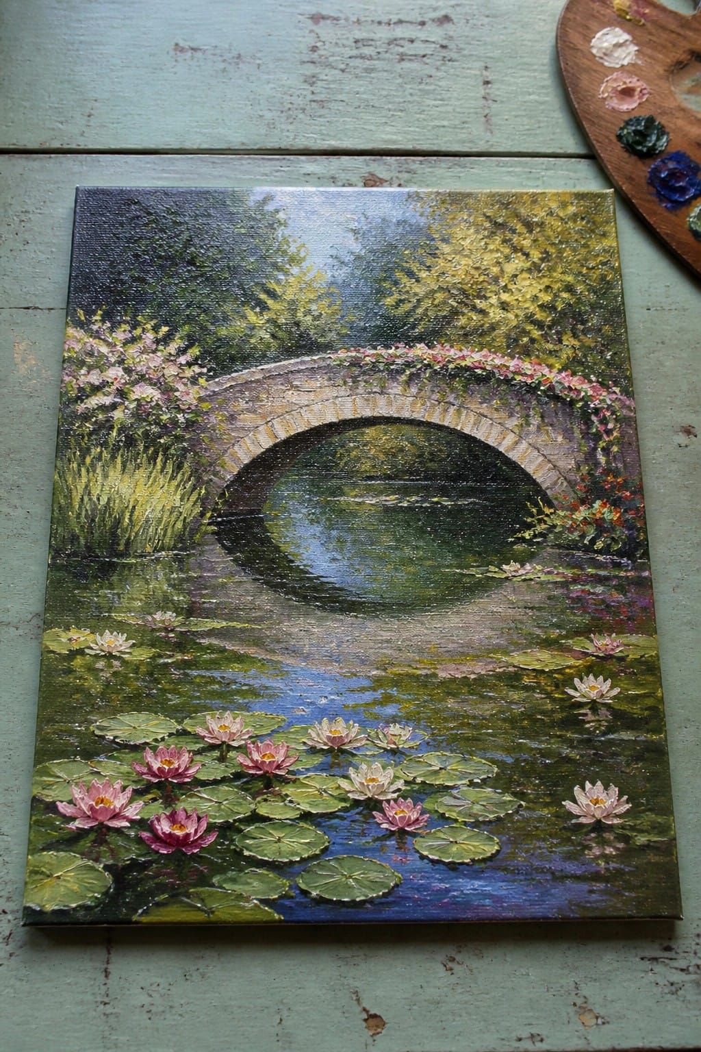 Oil painting of arched stone bridge over pond with pink water lilies and pads