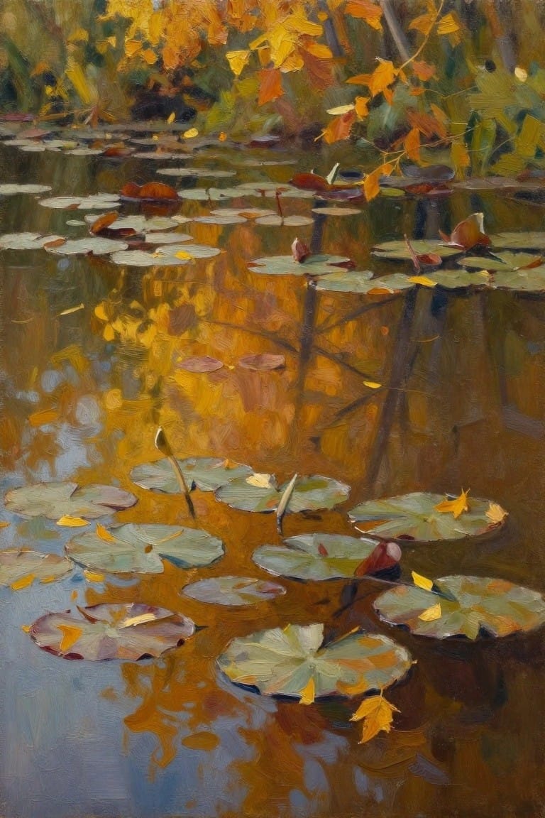 Autumn pond with lily pads and colorful fallen leaves on reflective water