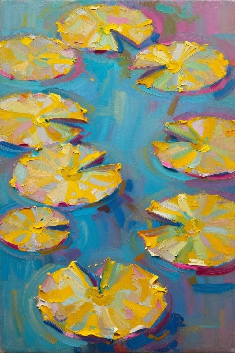 Vibrant painting of yellow water lilies floating on blue water with bold strokes