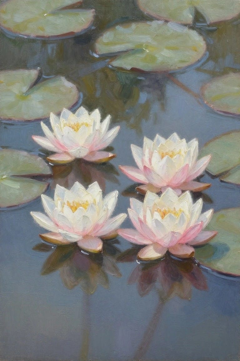 Four pink-tipped white water lilies float among green pads on calm blue water.