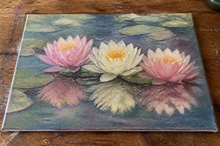 18 Serene Pond Garden Oil Painting Ideas Featuring Water Lilies and Reflections Impressionistic painting of pink and yellow water lilies with reflections on dark water