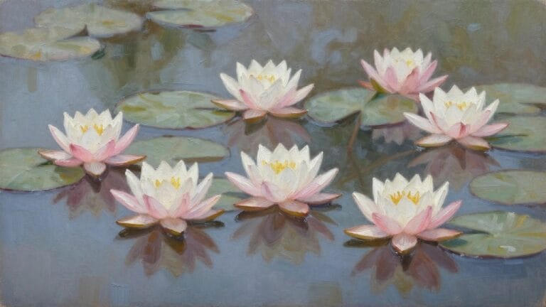 18 Serene Pond Garden Oil Painting Ideas Featuring Water Lilies and Reflections Four pink-tipped white water lilies float among green pads on calm blue water.