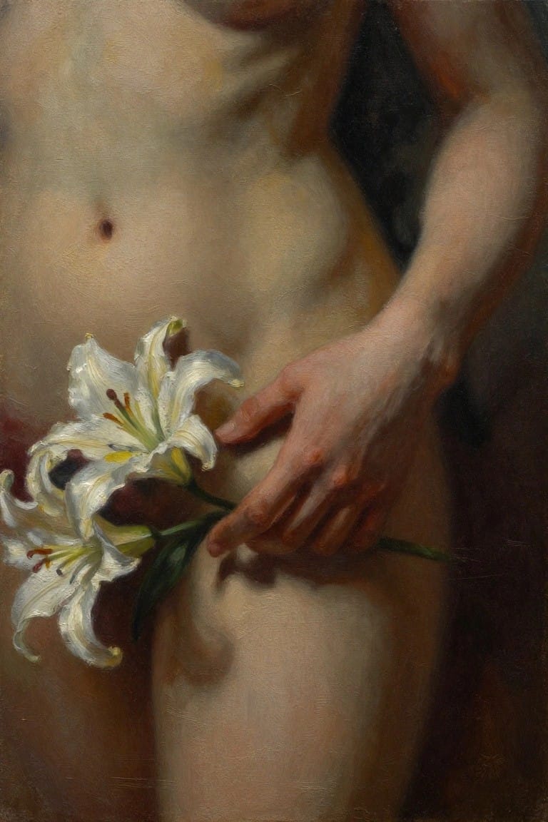 Nude torso with hand holding white lilies near hip in oil painting