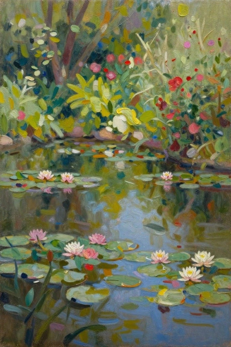Impressionist painting of pink water lilies floating on a reflective pond amid colorful flowers