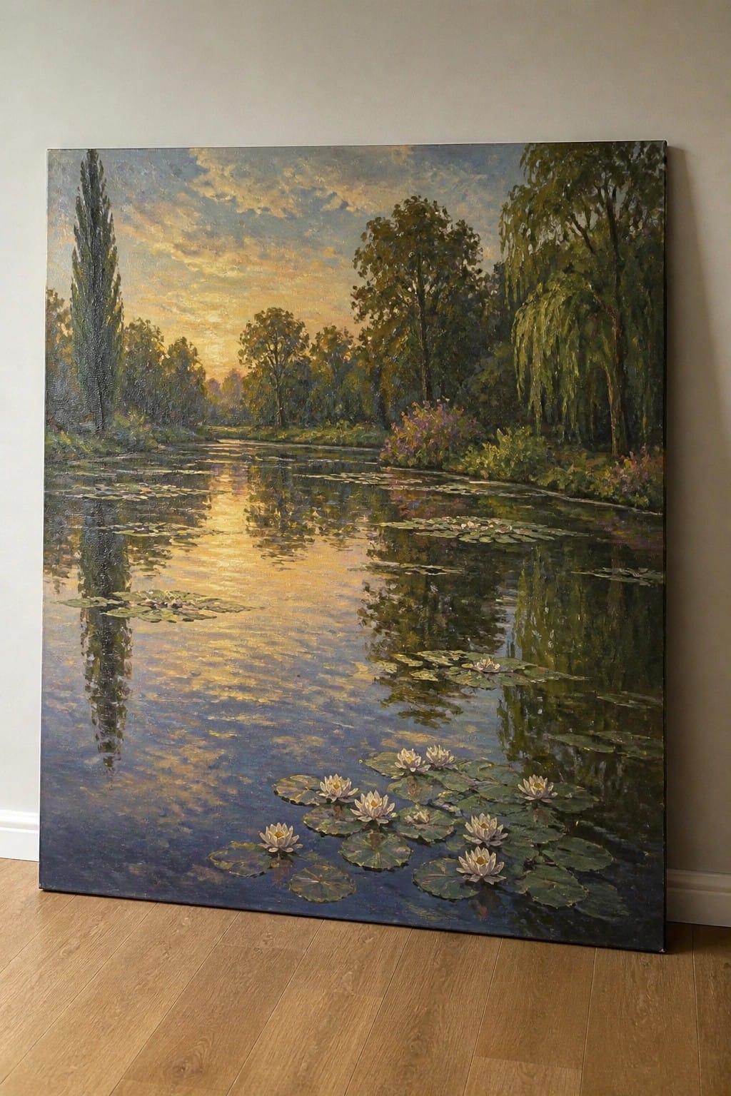 Impressionist painting of water lilies on a pond at golden sunset with trees.
