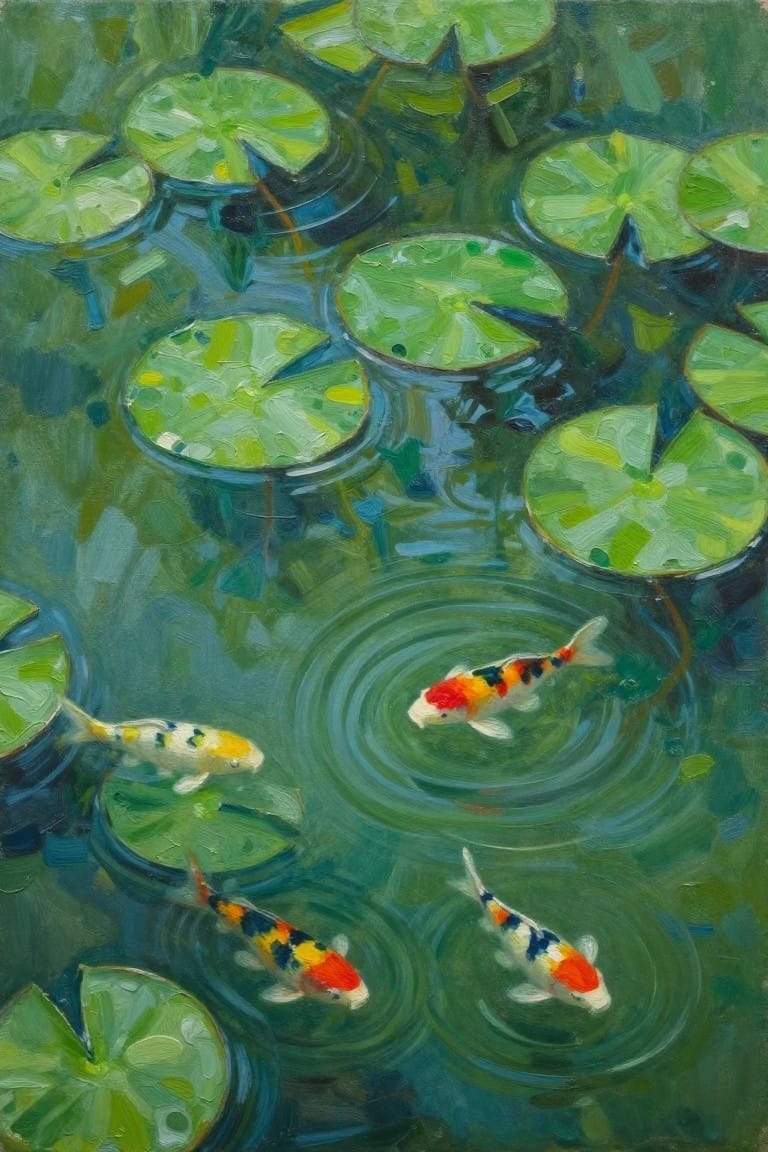An oil painting of several colorful koi fish swimming in a green pond surrounded by water lily pads with ripples on the surface.