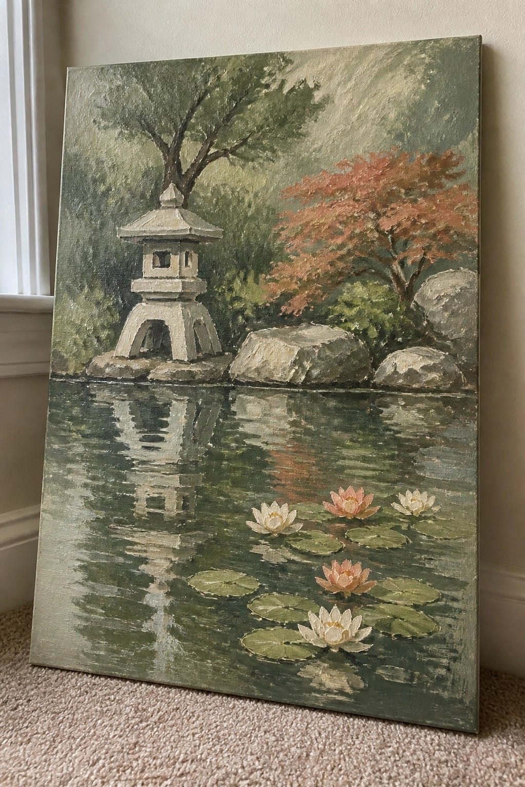 Tranquil pond with water lilies reflecting a stone lantern and red-leafed tree.