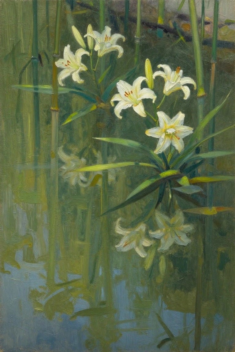 White lilies blooming among green bamboo stalks reflected in blue water