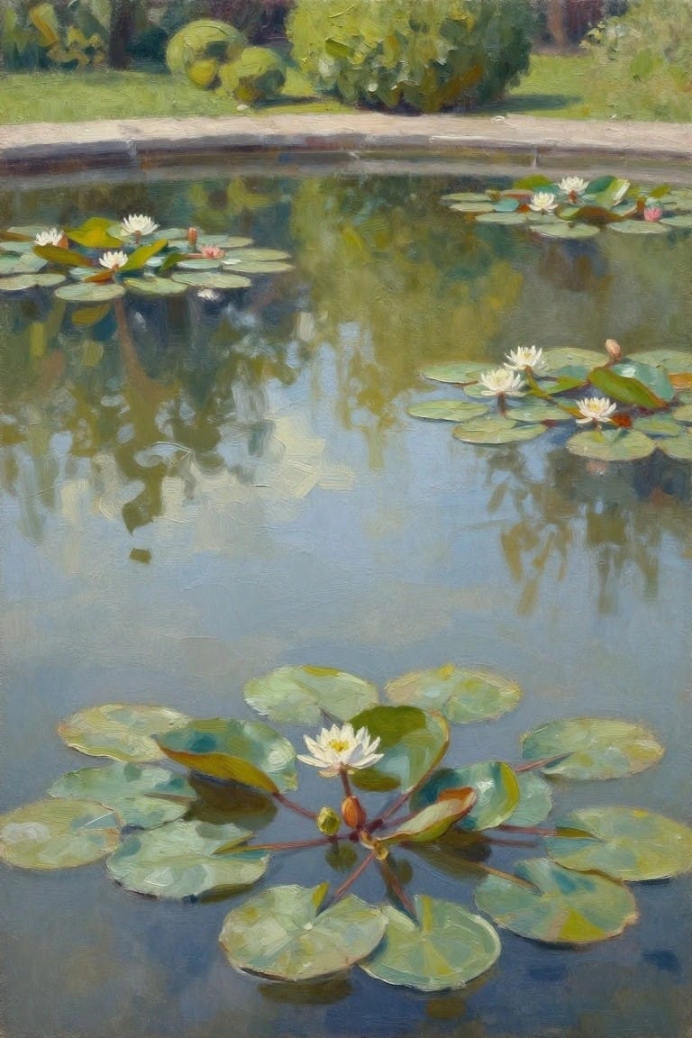 Oil painting of calm pond with white water lilies, green pads, and reflections.