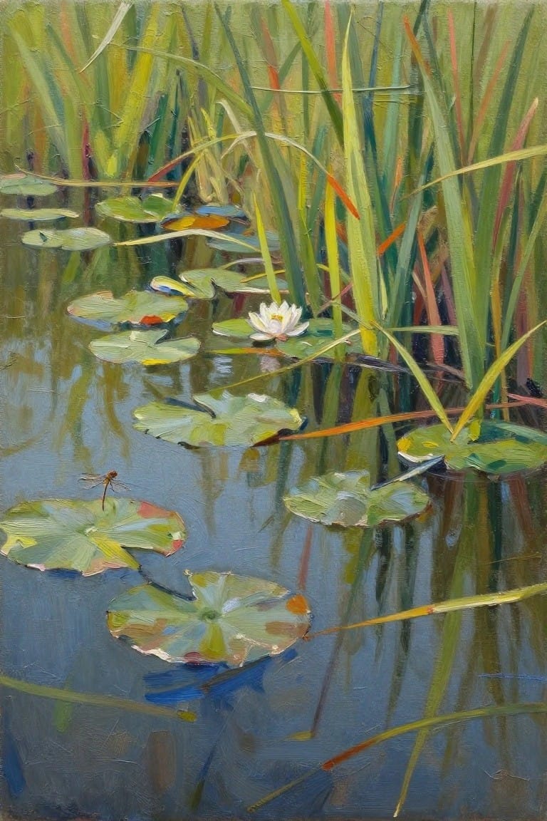An oil painting of a pond with green lily pads, one white water lily, tall reeds in the background, and a dragonfly on a pad, with visible reflections in the water.