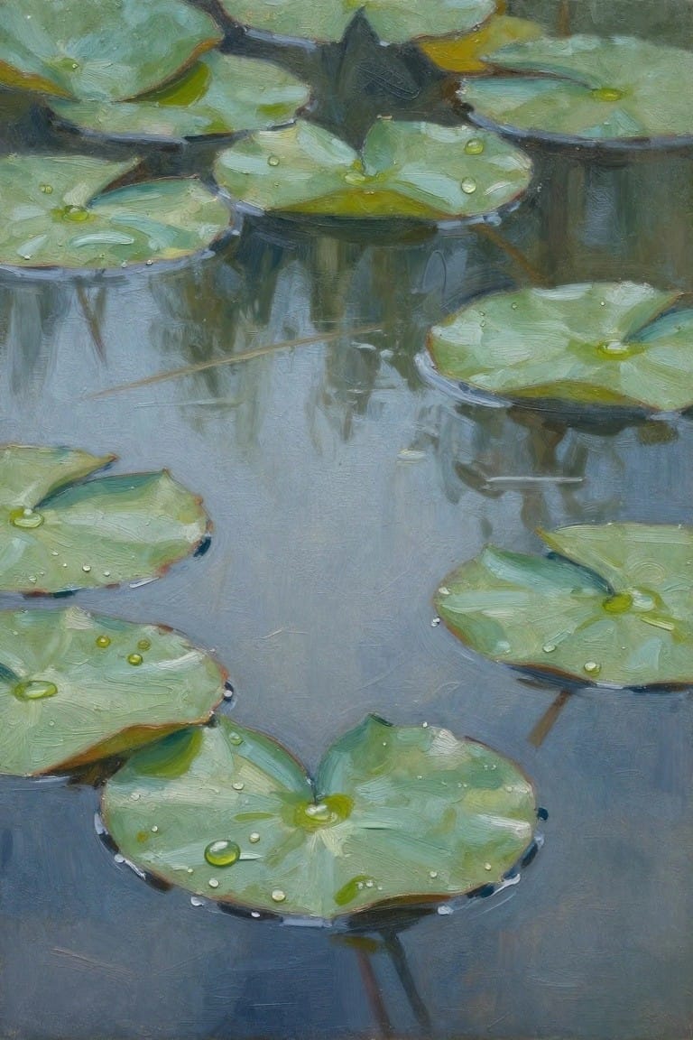 Green lily pads with dew drops float on calm, reflective blue-gray water