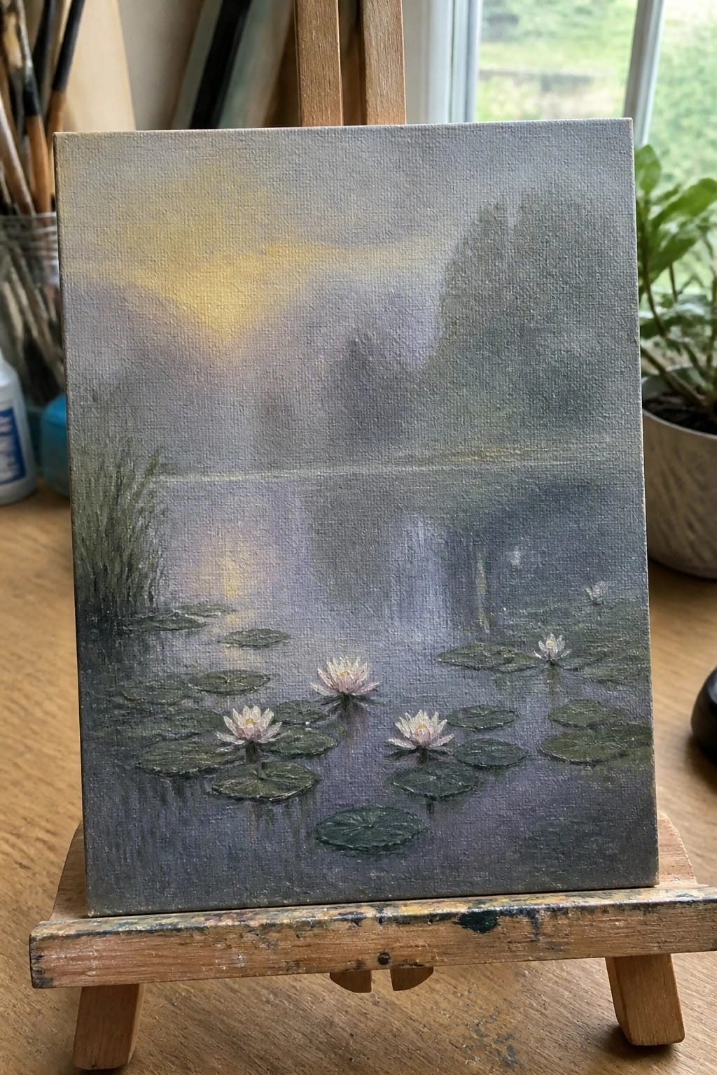 Impressionistic oil painting of misty lily pond on wooden easel.