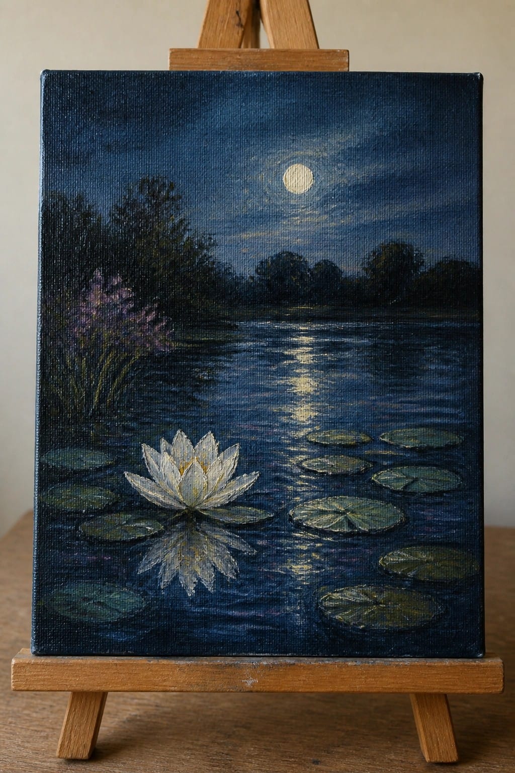 Oil painting of a white water lily on a dark pond at night with moon reflection and lily pads.