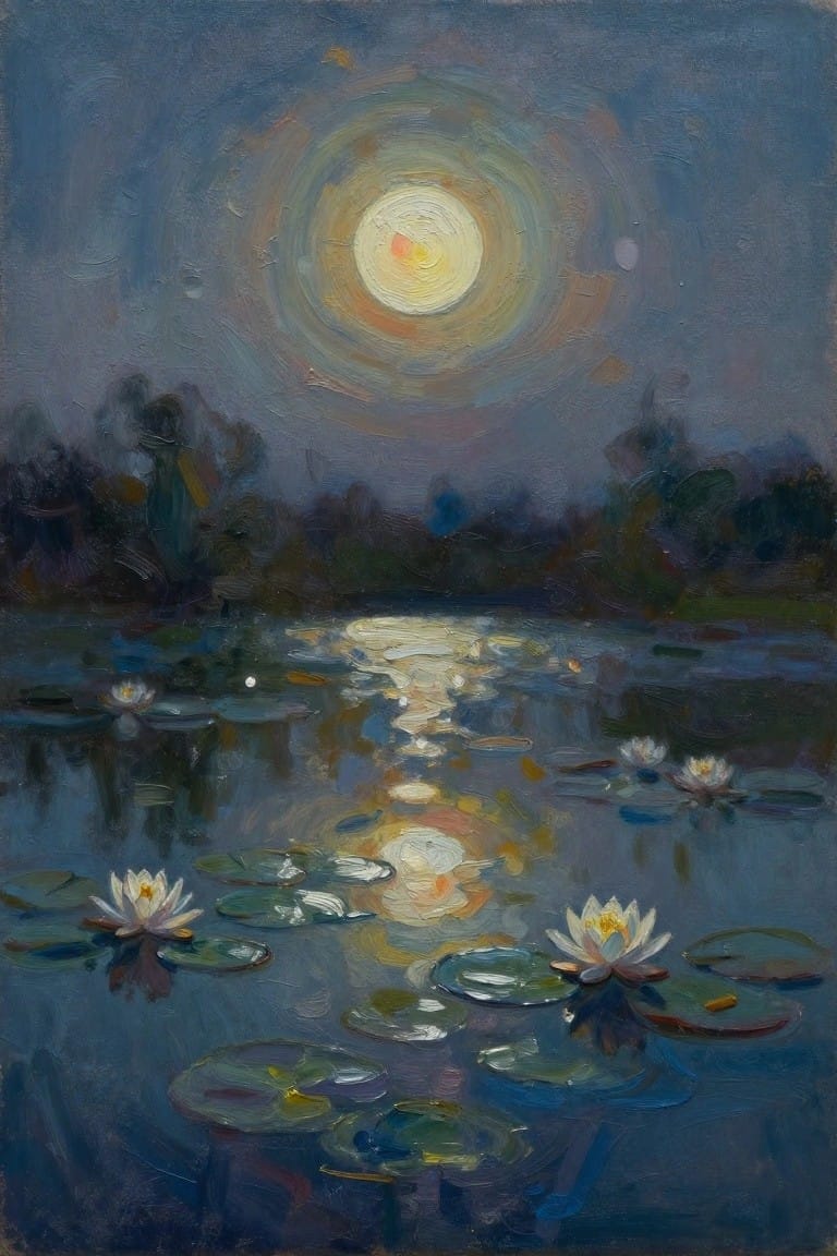 Impressionist painting of moonlit pond with water lilies and shimmering reflections.
