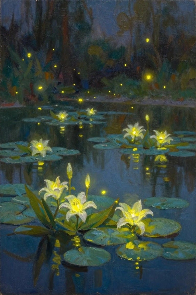 Glowing white lilies on lily pads in a dark blue pond with fireflies.