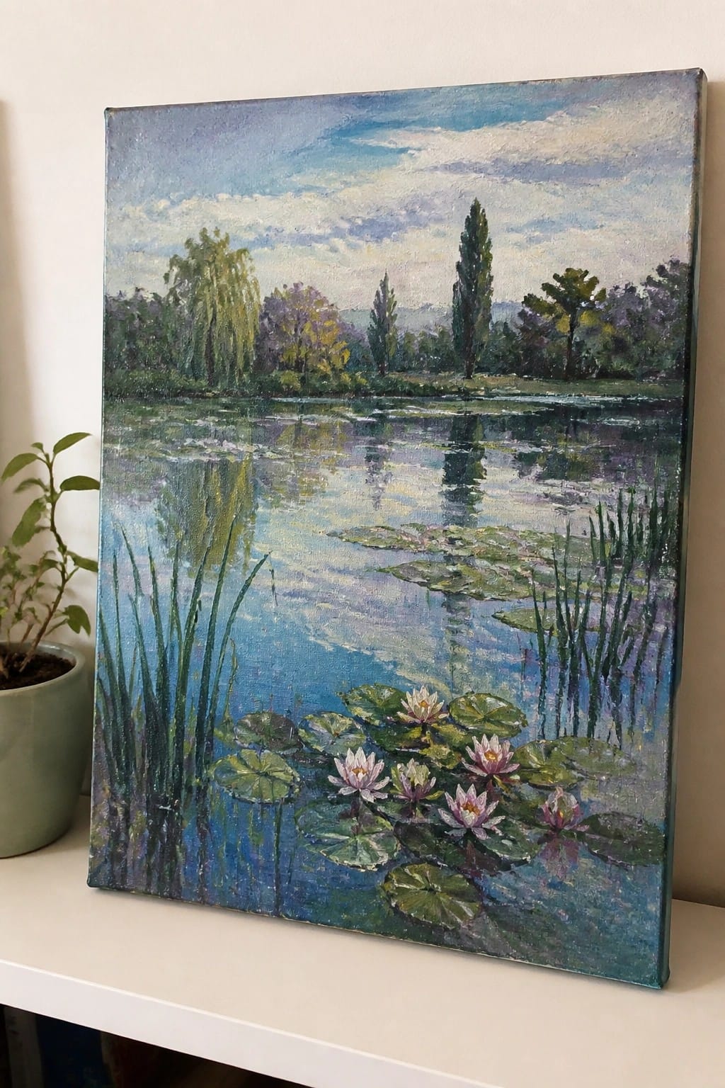 Impressionist painting of pond with water lilies, reeds, and trees beside potted plant.