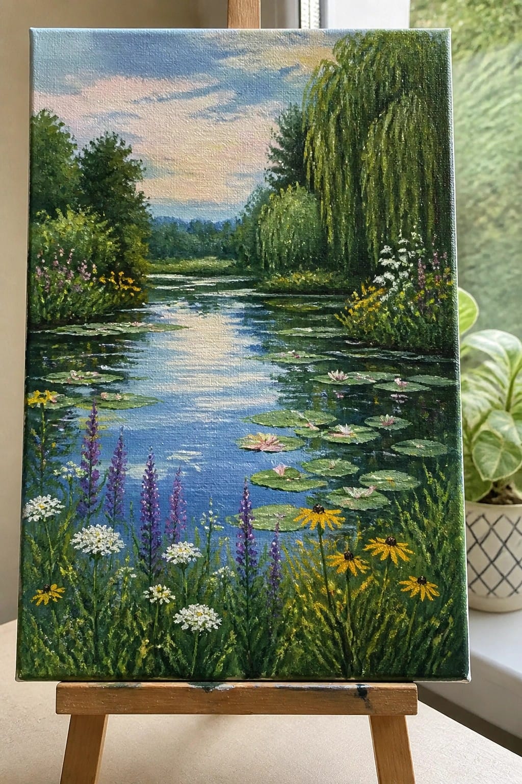 An oil painting of a calm pond with water lilies, surrounded by wildflowers and trees including a weeping willow, shown on a wooden easel.
