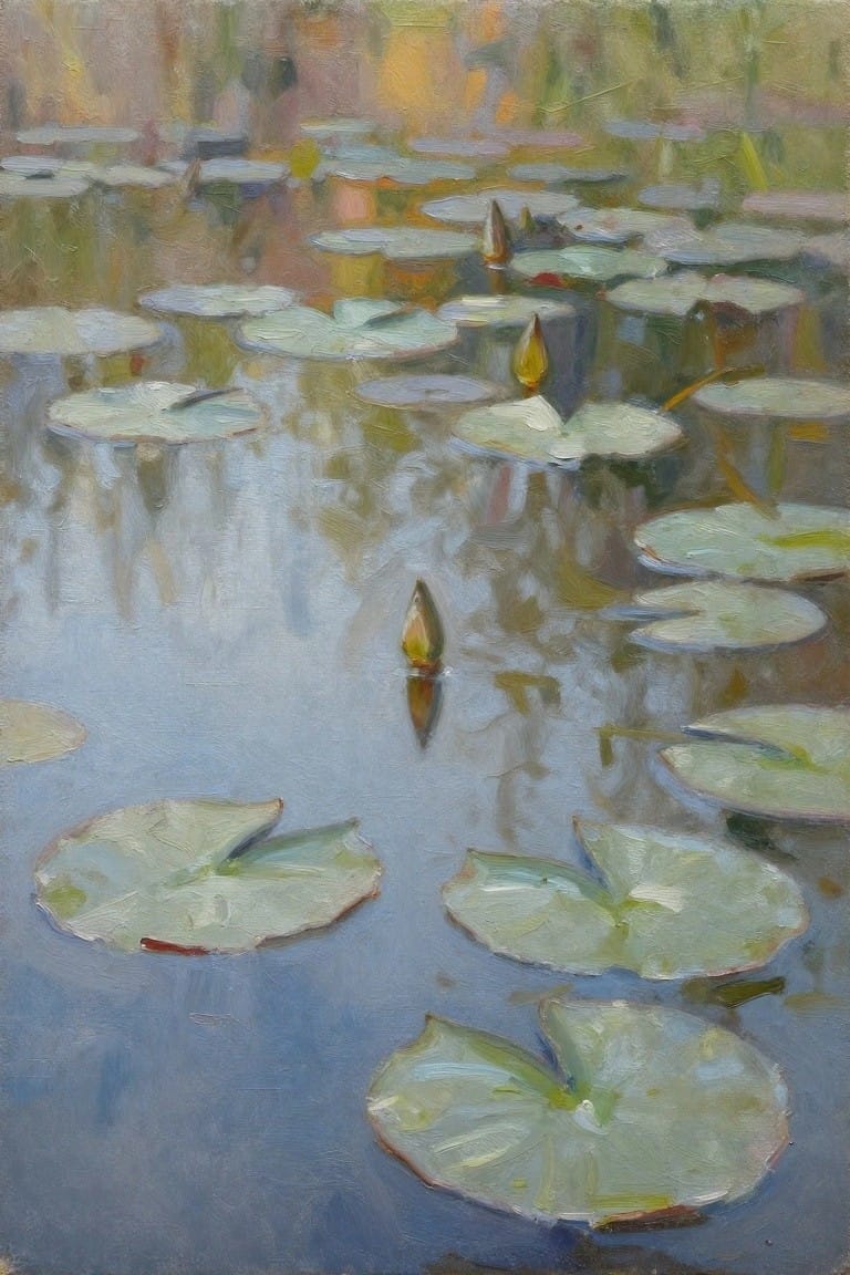 Green lily pads with yellow buds float on calm, reflective blue water in impressionist style.