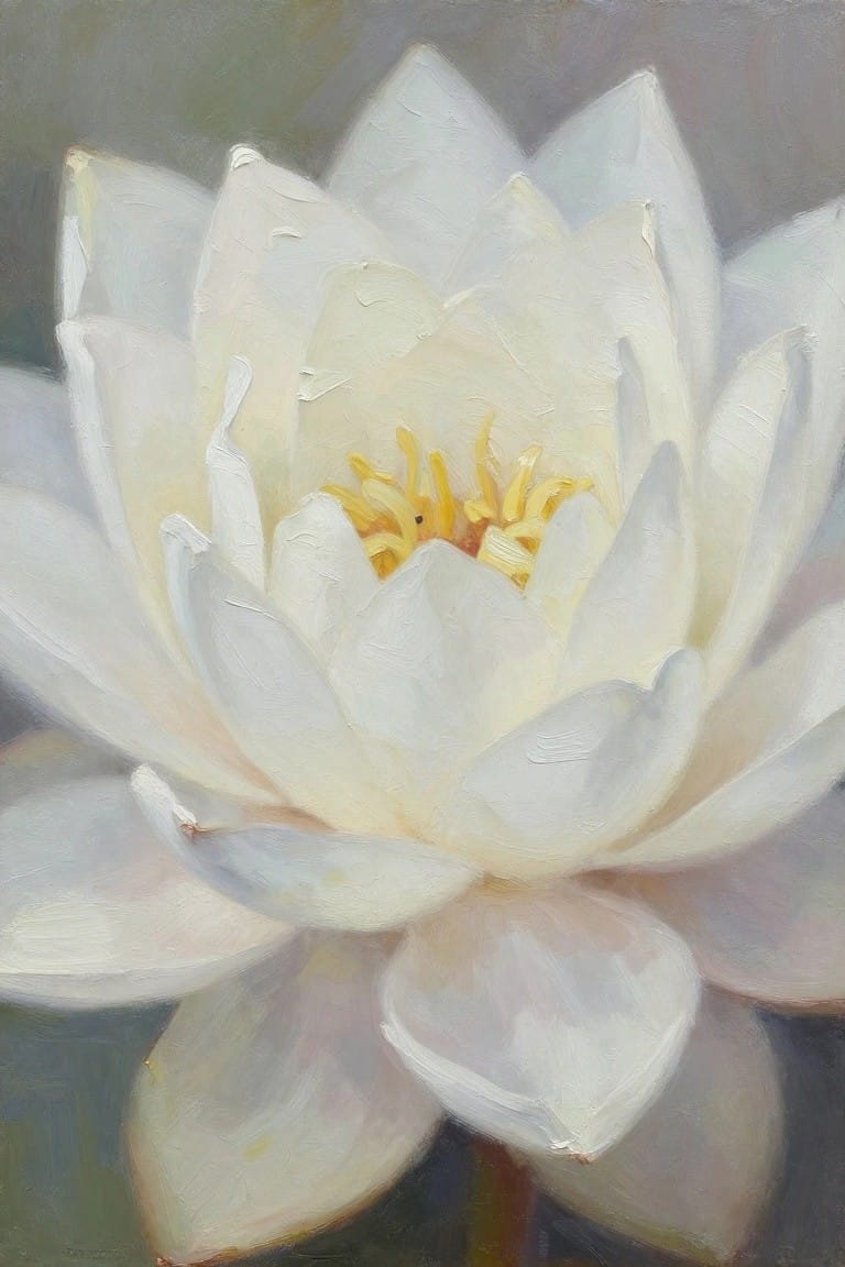 White lotus flower with layered petals and yellow center in soft brushstrokes