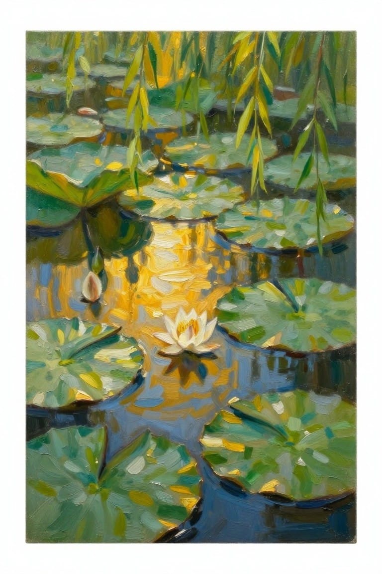 Impressionist painting of white water lily among green pads with golden reflections