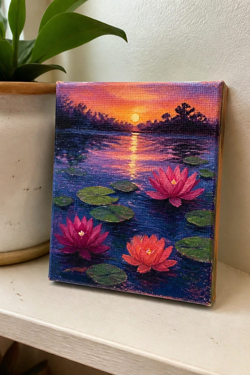 Small canvas painting of pink lotuses on blue lake under orange sunset sky