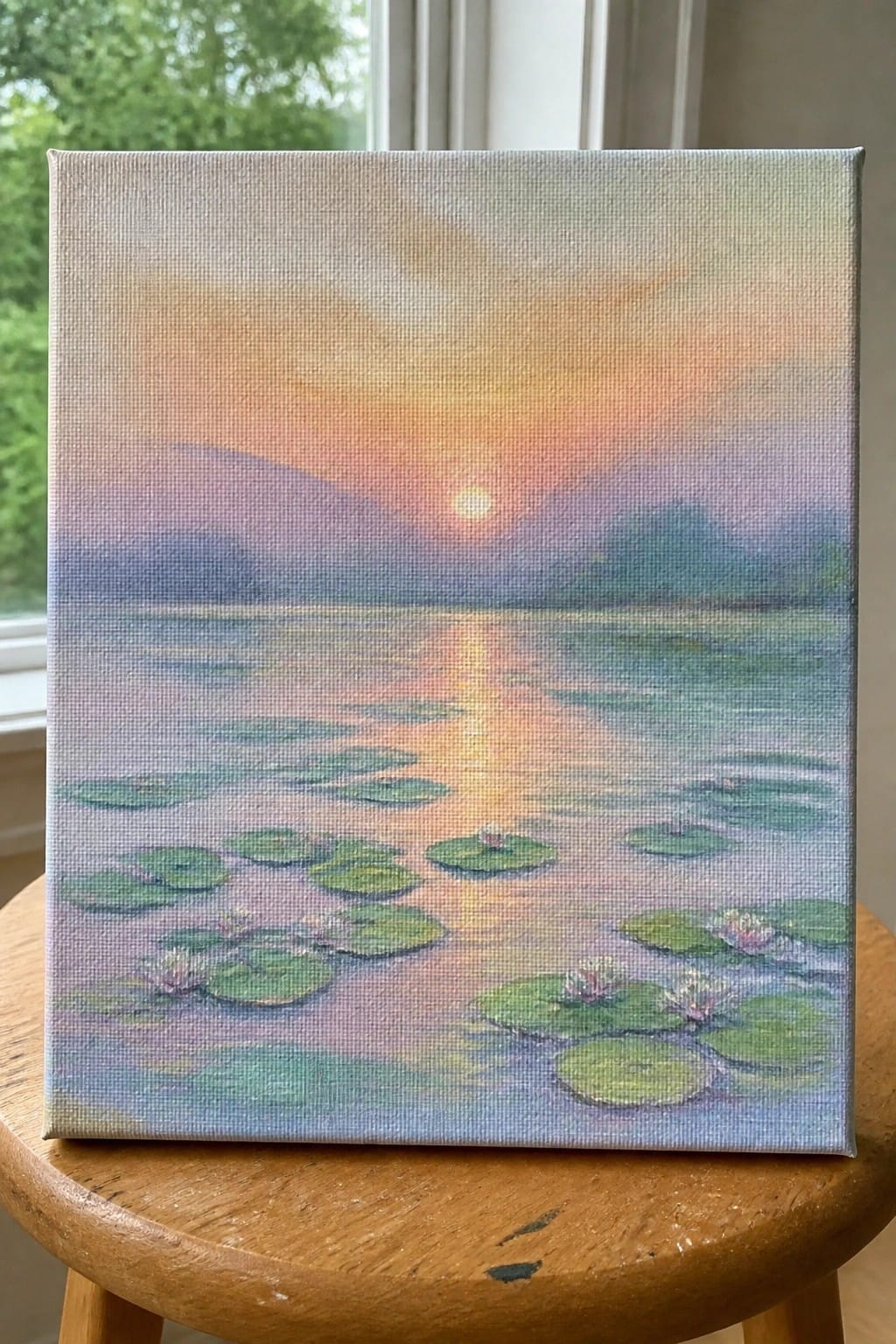 Canvas painting of sunset over lake with water lilies on wooden stool.