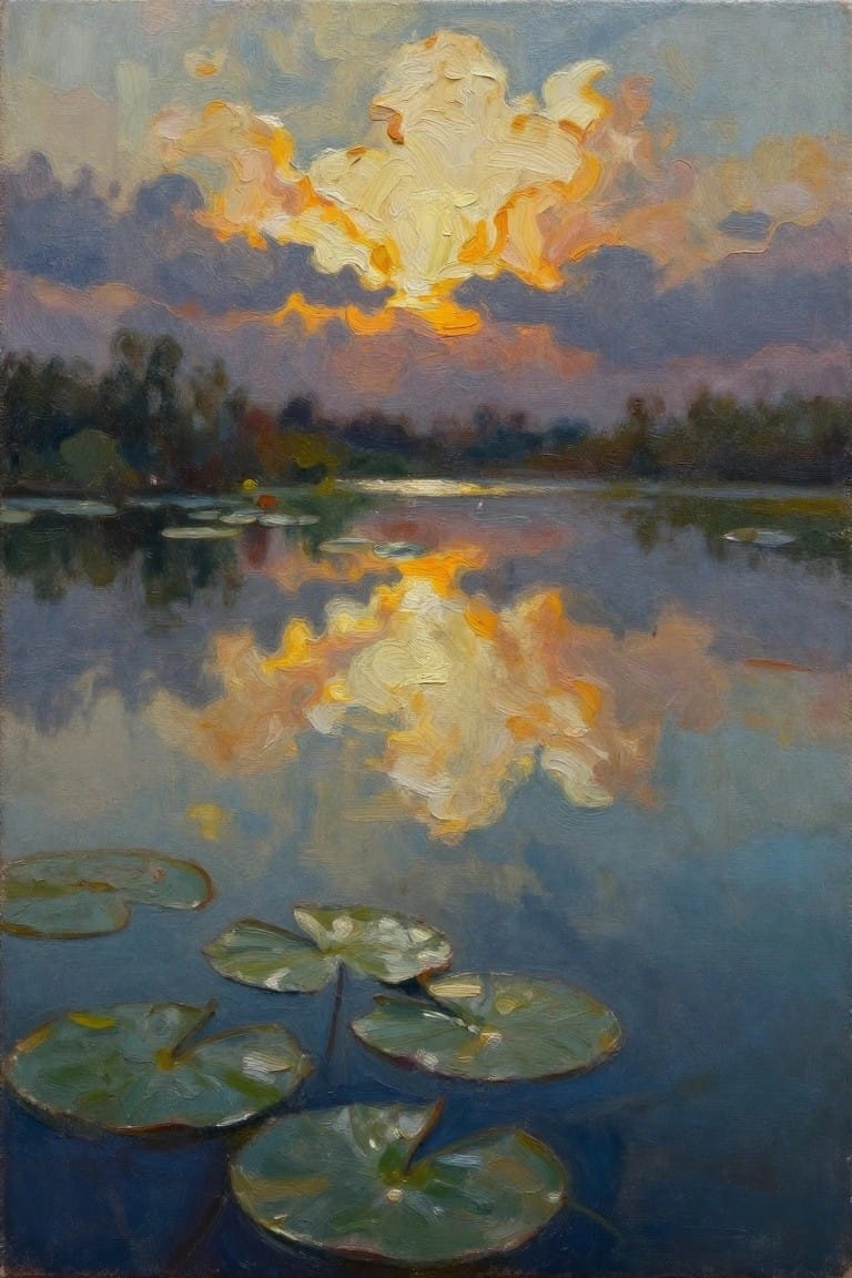 Impressionist painting of vibrant sunset clouds reflected in a lily pad pond